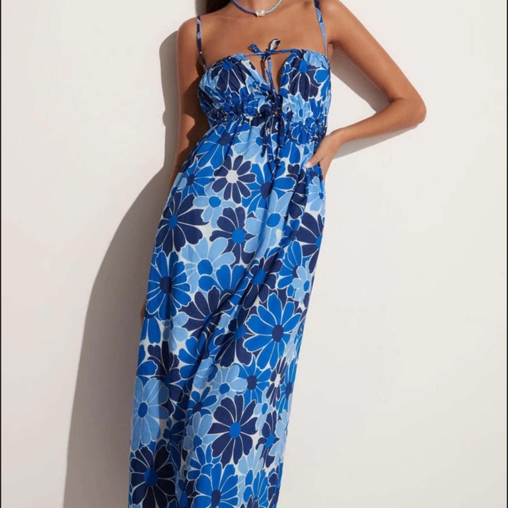 FAITHFULL THE BRAND Adalyn Midi Dress Blue Canaria Print Smocked Size 2 XS Small